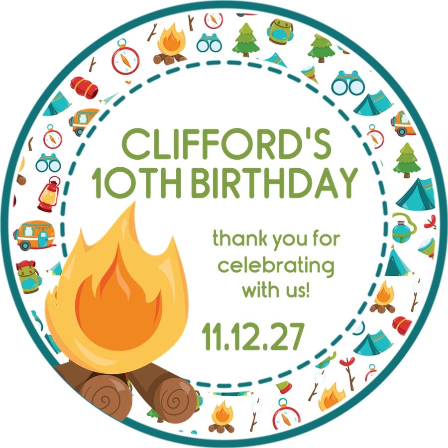 Green camping campfire birthday sticker with personalized name and date