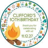 Green camping campfire birthday sticker with personalized name and date