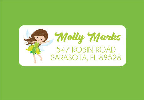 Green fairy return address labels with whimsical fairy illustration