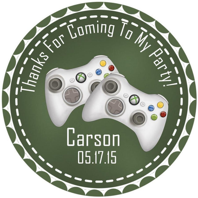 Green gamer birthday sticker with Xbox-style controllers