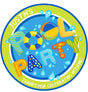 Green pool party birthday sticker with splash graphics