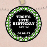 Green soccer birthday stickers with personalized name
