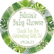 Green tropical leaf baby shower sticker with watercolor palm and monstera leaves