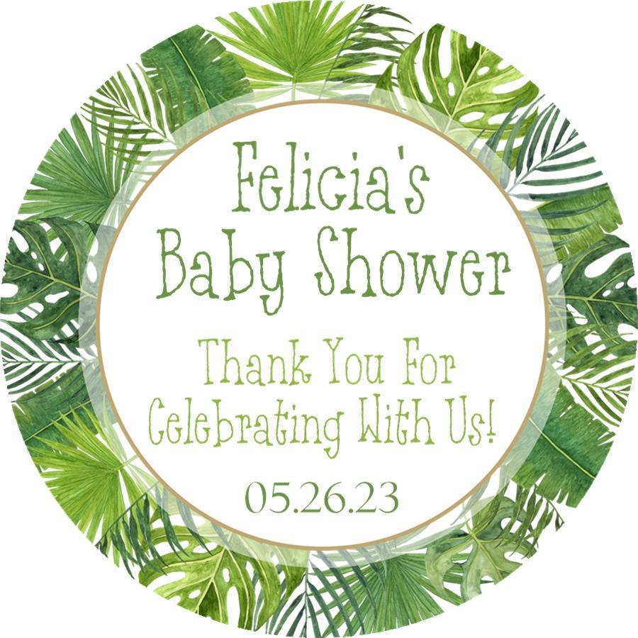 Green tropical leaf baby shower sticker with watercolor palm and monstera leaves