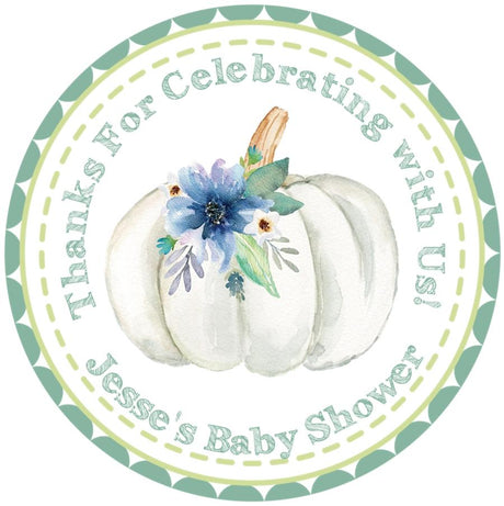 Green watercolor pumpkin baby shower sticker with floral accent
