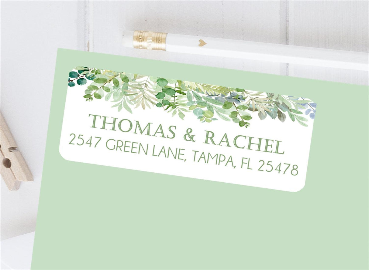 Greenery eucalyptus address labels with watercolor leaf design