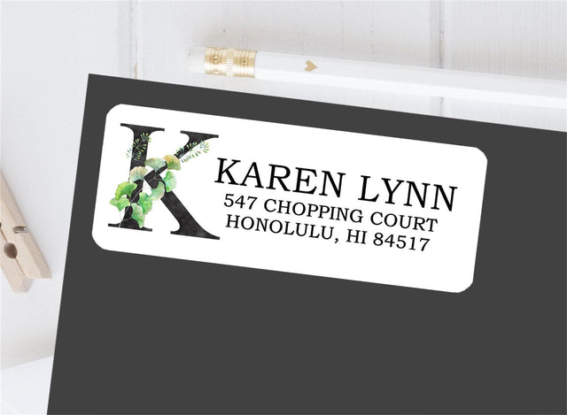 Greenery monogram address labels with botanical initial