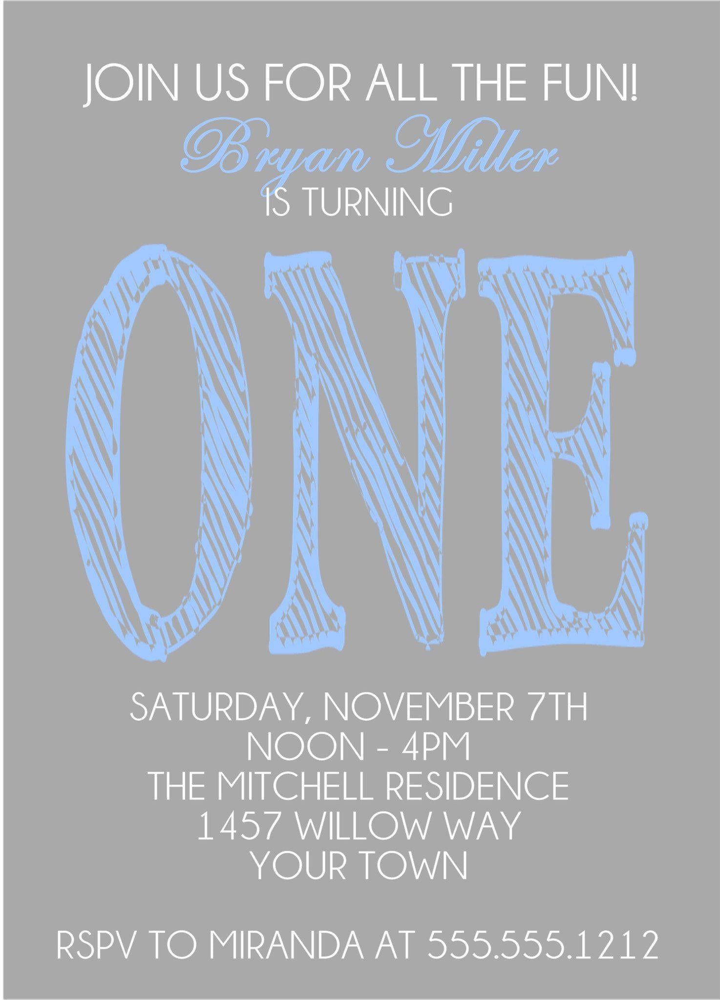 Grey And Blue 1st Birthday Party Invitations