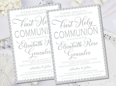 Grey And White First Communion Invitations