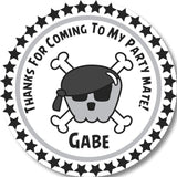 Grey pirate birthday sticker with skull and crossbones design