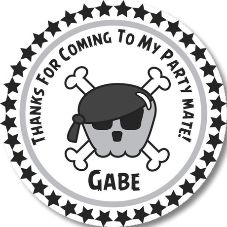 Grey pirate birthday sticker with skull and crossbones design