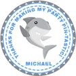 Grey shark birthday sticker with light blue border