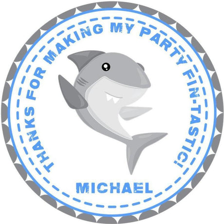 Grey shark birthday sticker with light blue border
