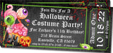 Halloween birthday ticket invitation with eyeball creature artwork and admission pass design