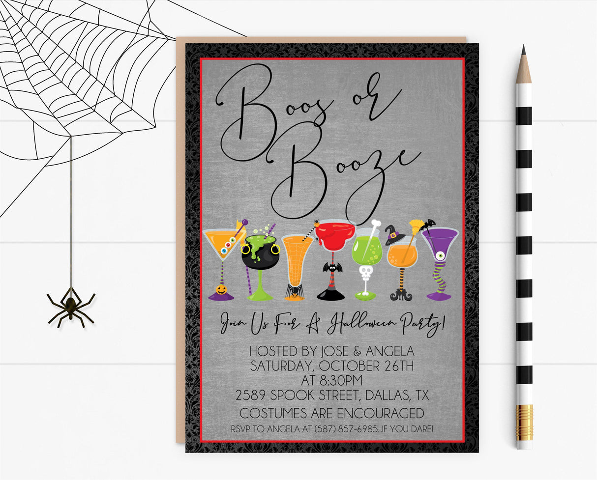 Halloween cocktail party invitation with fun drink illustrations and personalized party details
