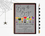 Halloween cocktail party invitation with fun drink illustrations and personalized party details