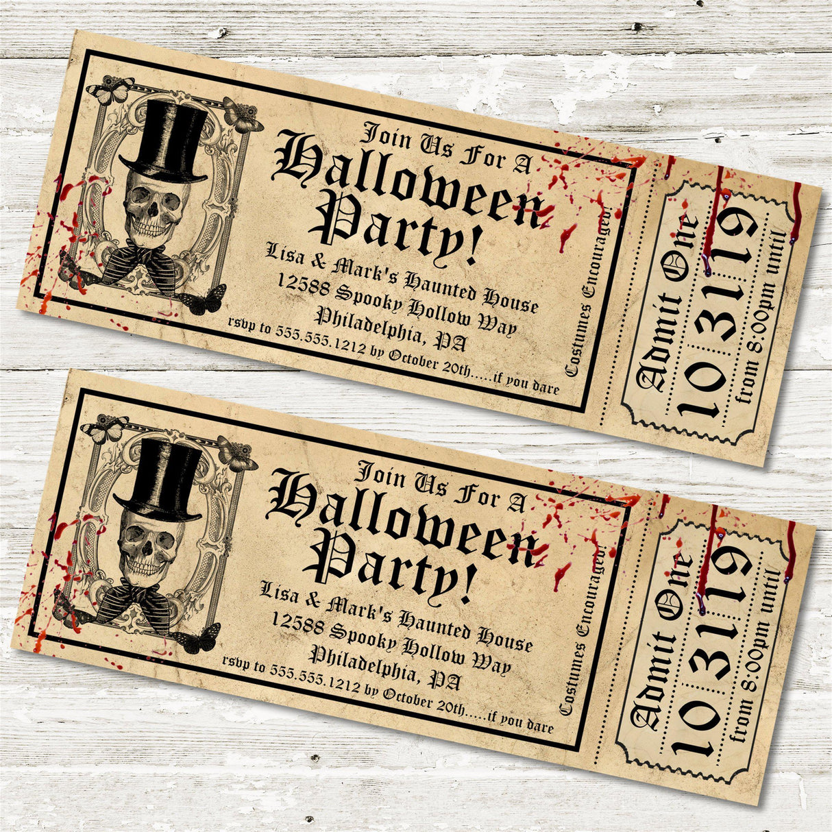 Halloween party invitation featuring classic Halloween graphics and ticket style layout