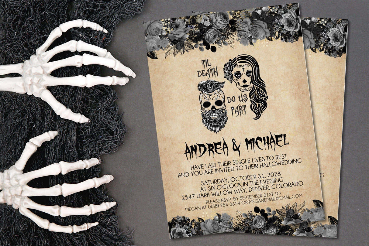 Halloween wedding invitation featuring black skull artwork and gothic floral accents