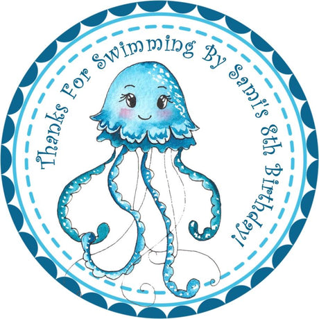 Hand-drawn blue jellyfish under the sea birthday sticker