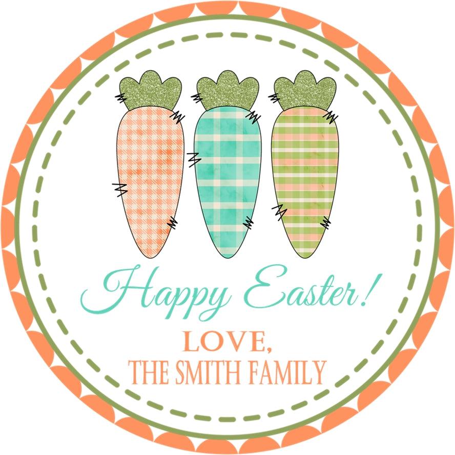 Happy Easter carrot sticker featuring stitched plaid carrot artwork