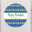 Happy Hanukkah dreidel stickers with blue and yellow dreidel pattern