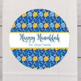 Happy Hanukkah dreidel stickers with blue and yellow dreidel pattern