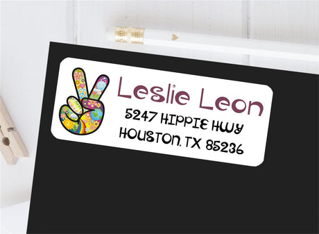 Hippie peace sign address labels with colorful retro artwork