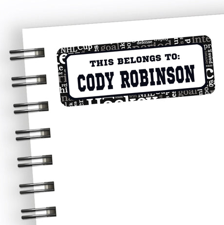 Hockey school name labels with black sports text background