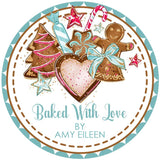 Holiday baking sticker with cookies in aqua tones