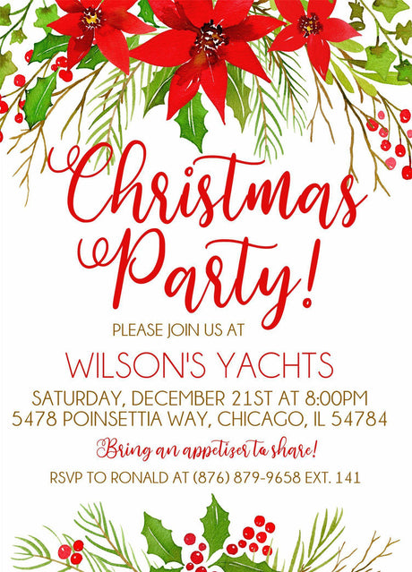 Holiday party invitation with seasonal floral artwork and personalized party details