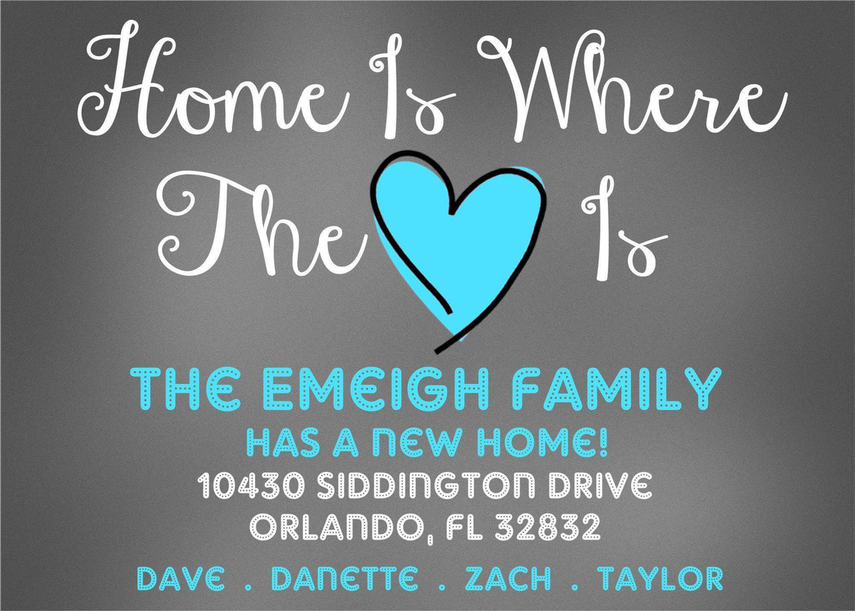 Home is where the heart is family moving announcement card with personalized names
