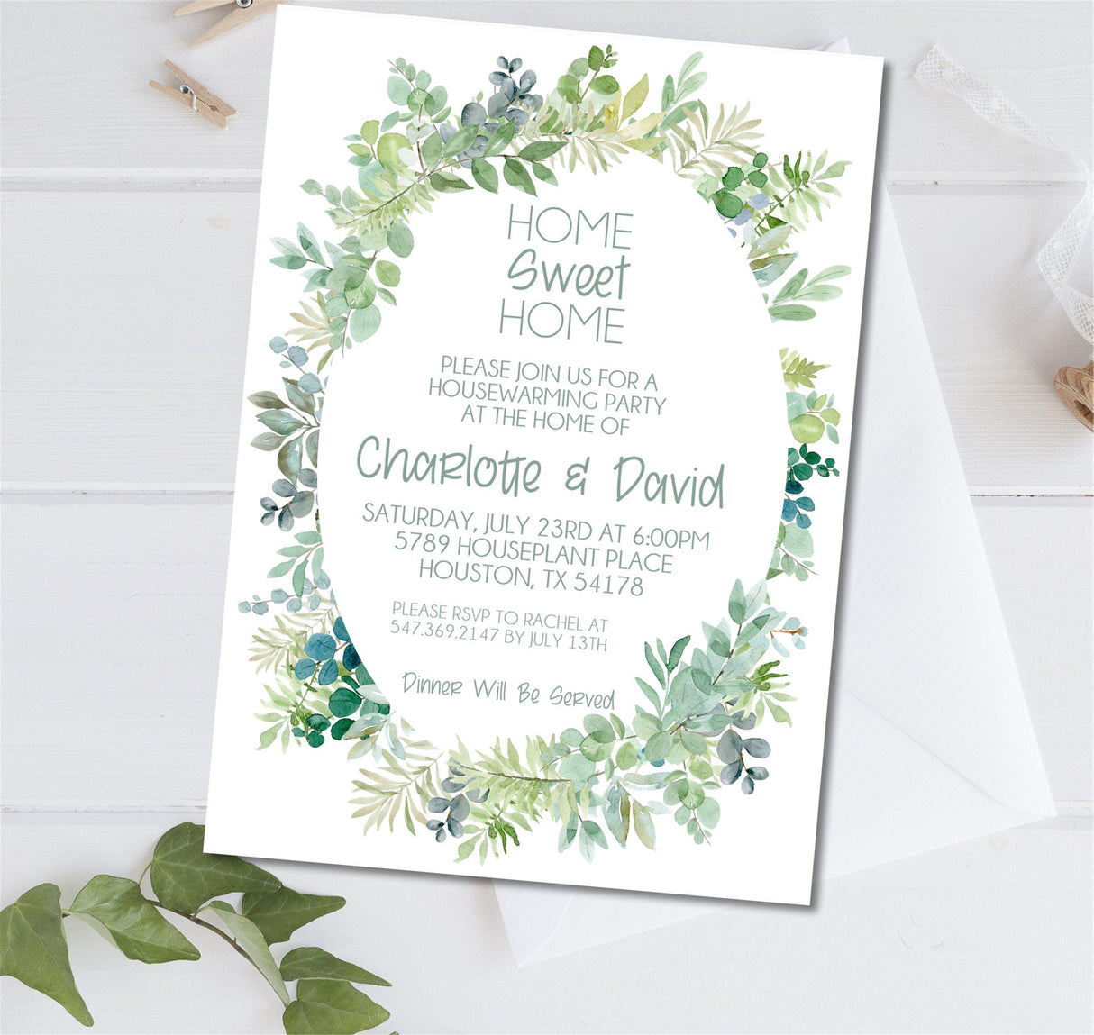 Home sweet home housewarming invitation with green foliage design