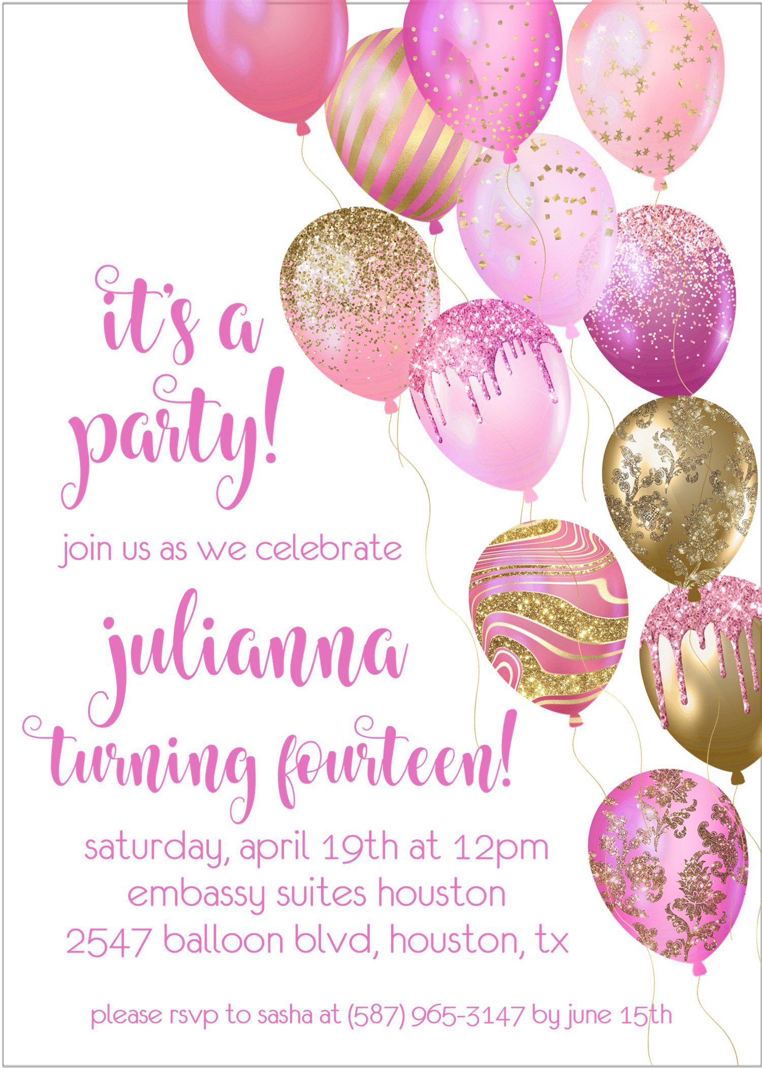 Hot Pink And Gold Balloon Birthday Party Invitations