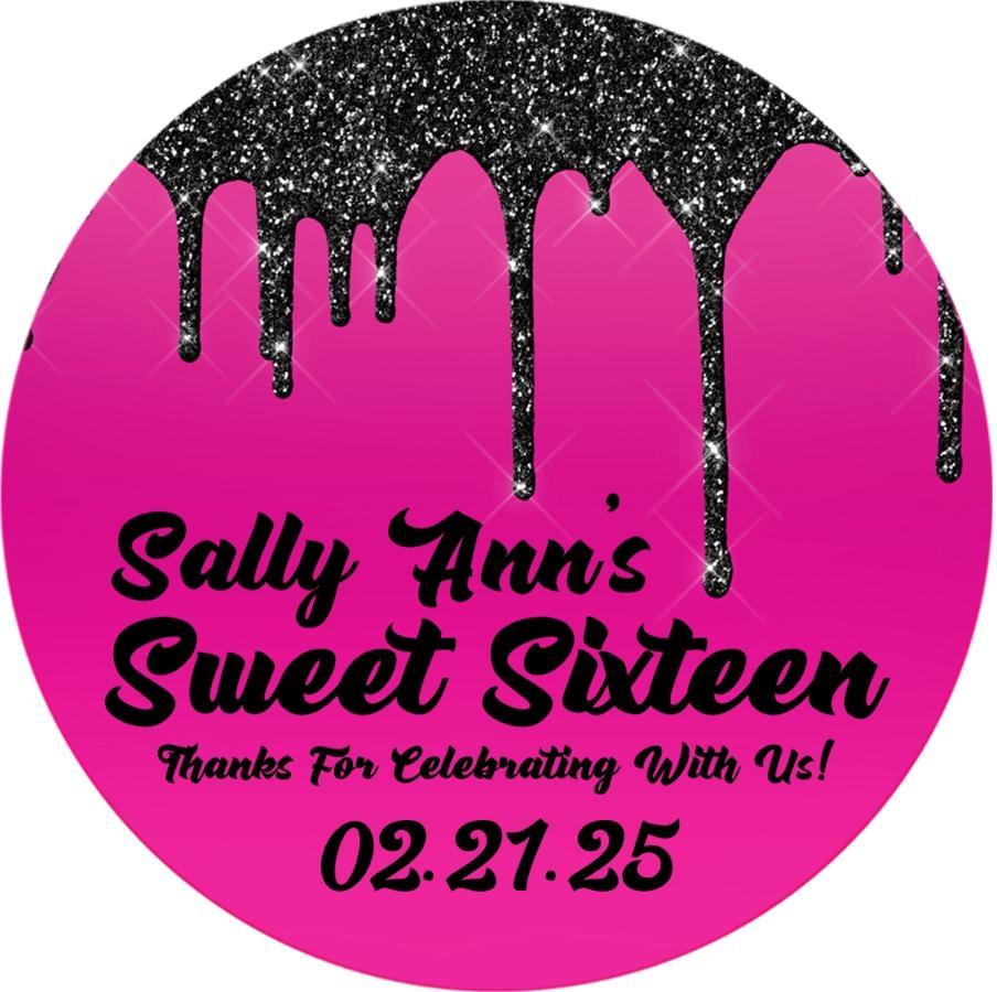 Hot Pink & Black Sweet 16 Stickers Or Favor Tags