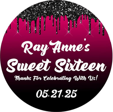 Hot Pink & Black Sweet 16 Stickers Or Favor Tags