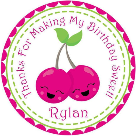 Hot pink kawaii cherry birthday sticker with smiling cherries