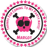 Hot pink pirate birthday sticker with skull design