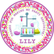 Hot pink science beaker birthday sticker with colorful experiments