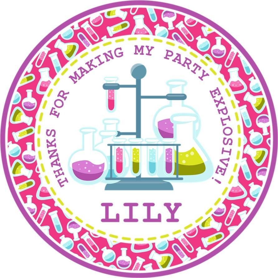 Hot pink science beaker birthday sticker with colorful experiments