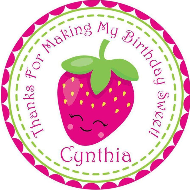 Hot pink strawberry birthday sticker with green accents