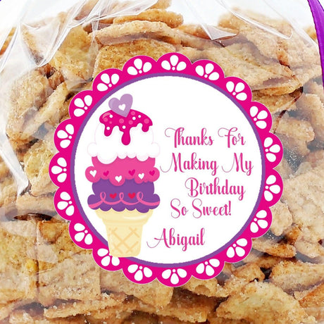 Hot pink triple scoop ice cream birthday sticker with personalized name