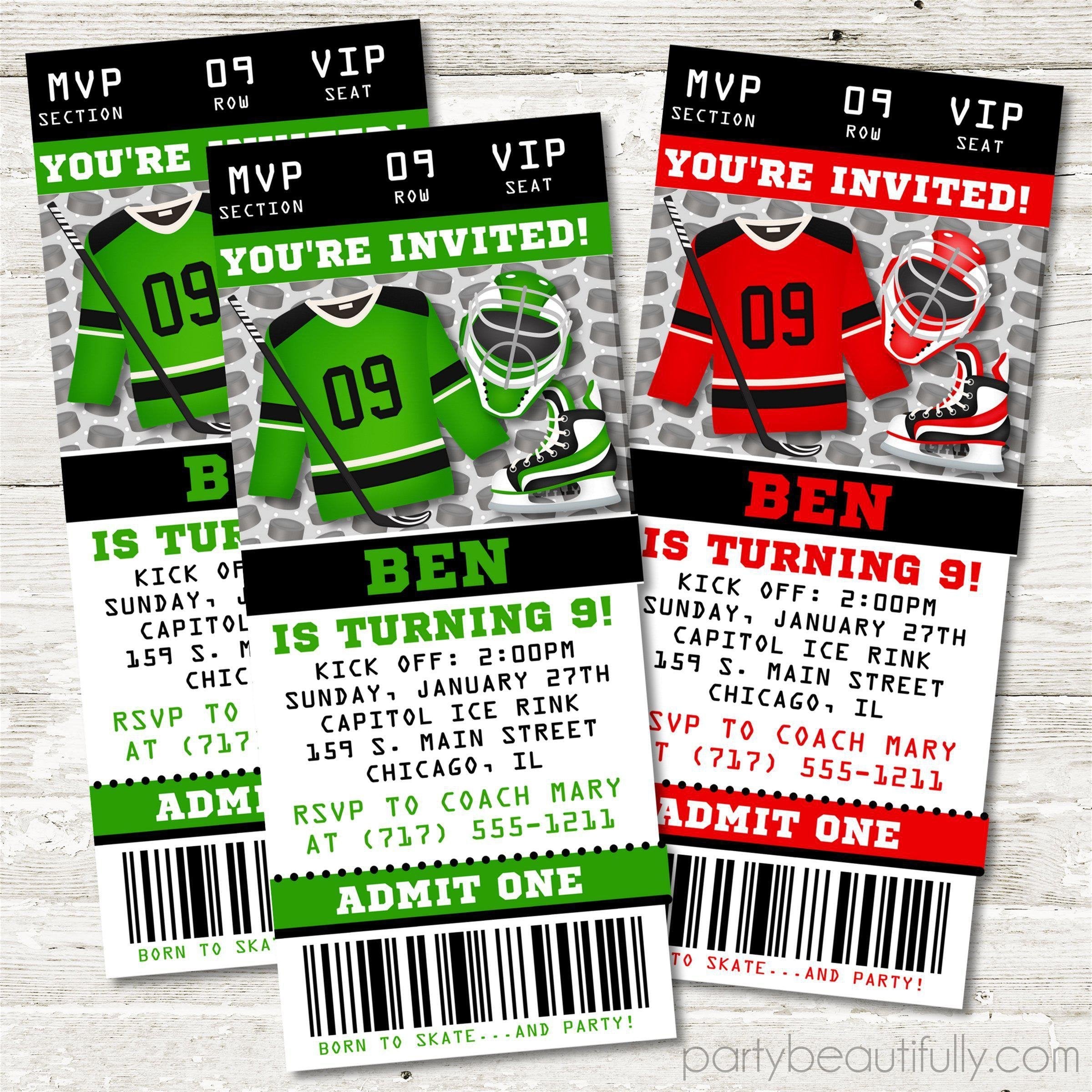 Ice Hockey Birthday Ticket Invitations