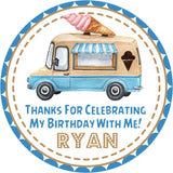 Ice cream truck party favor label in blue and tan