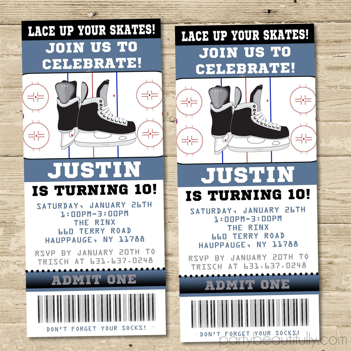 Ice hockey party invitation with hockey skate artwork and ticket layout