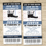 Ice hockey party invitation with hockey skate artwork and ticket layout