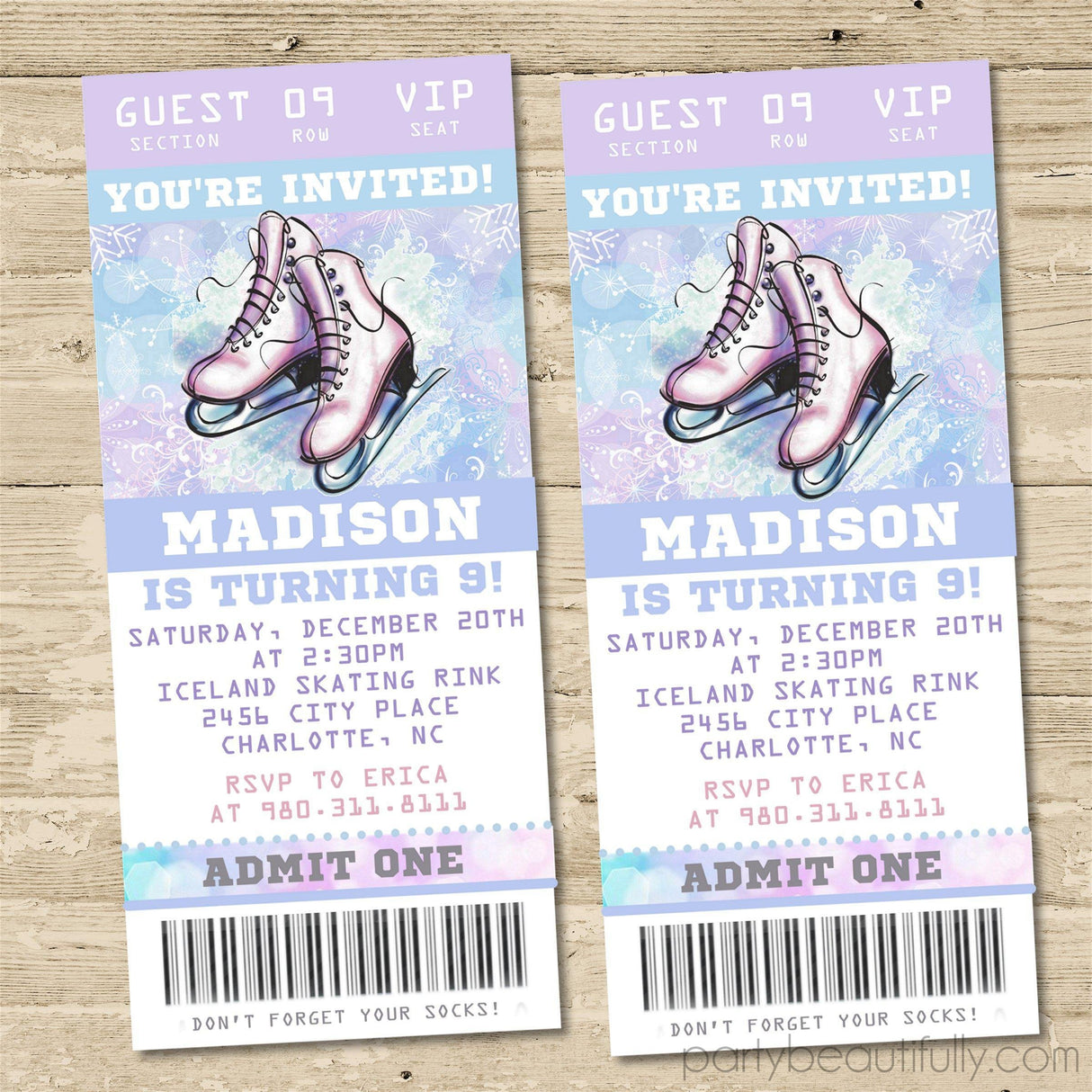 Ice skating birthday ticket invitation with winter skating themed graphics