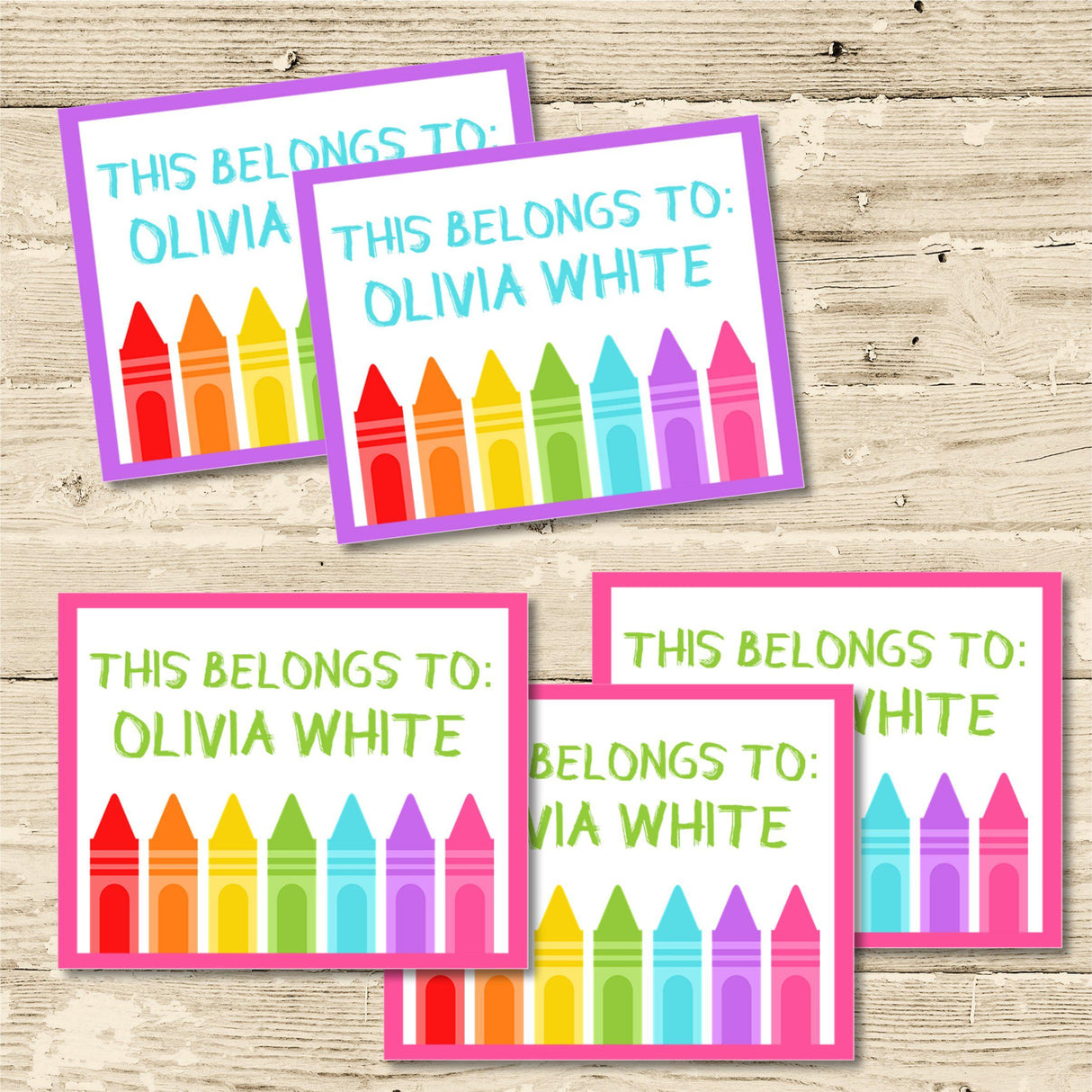 Image Alt Text
Bright crayon square back to school name labels with personalized name
