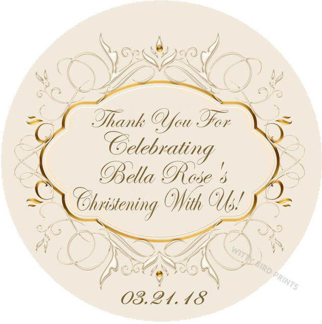 Ivory and gold Christening stickers with decorative cross