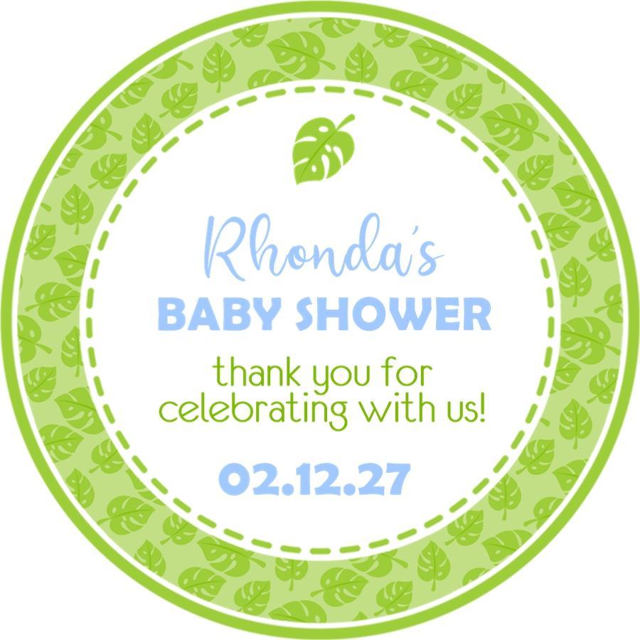 Jungle-themed baby shower sticker with tropical greenery design
