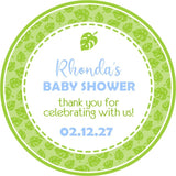 Jungle-themed baby shower sticker with tropical greenery design